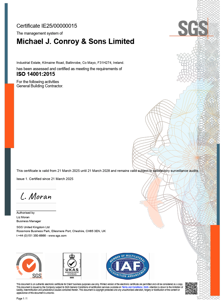 ISO 14001:2018 Certificate – Certified since 31 July 2019. The ISO 45001:2018 certification applies to the construction section of this website only.